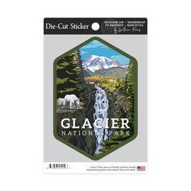 Die Cut Sticker Glacier National Park, Montana, Mountain Goats and Waterfall, Contour Vinyl Sticker 3 to 6 inches, (Waterproof Decal for Cars, Water Bottles, Laptops, Coolers), Large
