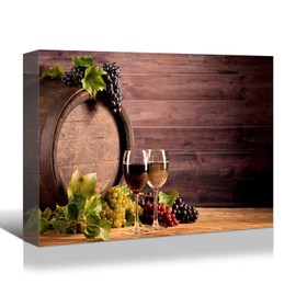 Looife Kitchen Wine Bottle Canvas Wall Art, 18x12 Inch Gallery Wrapped Vintage Wine Cup with Grapes Barrel Picture Prints Wall Decor, Modern Art Deco for Dining Room and Bar Wall Decoration