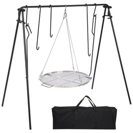 REDCAMP Grill Swing Campfire Grill Stand with Stainless Steel Grill Grate, Collapsible Campfire Cooking Rack w/6 Hooks,Portable Cookware Hanging Rack Camping Bonfire for Cookware & Dutch Oven,Round