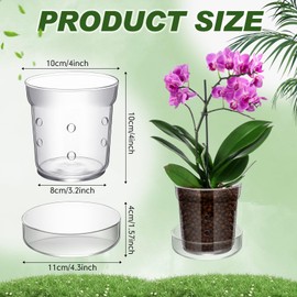 Baderke 1 Pcs Orchid Pot with Drainage Holes and Tray Transparent Glass Pot Planter for Orchids Flower Repotting Anti Slip Glass Plant Vase for Indoor Outdoor Home Decor (4 Inch)