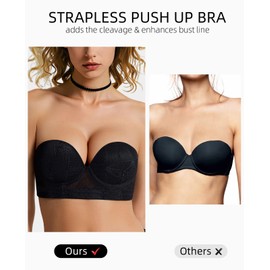 Upushall Strapless Push Up Bras for Women Padded Lace Longline Bra with Underwire Support Black 36C