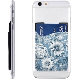 Cartera para teléfono floral azul y blanco, tarjetero adherido para la parte posterior de la funda del teléfono, funda de cuero para teléfono celular, bolsillo adhesivo para teléfono móvil