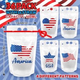 JarThenaAMCS 36Set 4th of July Drink Pouches with Straws Patriotic Hot Cold Drink Bags American Flag Reclosable Clear Reusable Translucent Plastic Juice Pouches Handheld for Independence Day Party