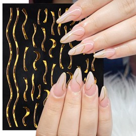 6 Sheets Gold Nail Stickers Metal Line Nail Art Sticker Decals Self-Adhesive French Irregular Line Nail Design Stickers Hot Stamping Nails Supplies Ripple Nails Decor for Women Manicure Accessories