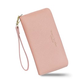 Energather Womens Wallet, PU Leather Ladies Wallets Credit Card Holder for Women and Girls, Fashion Women's Wallets Long Wallet with Zipper for Travelling, Walking, Dating, Shopping (Pink)