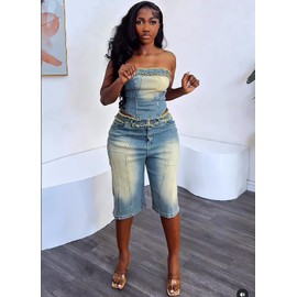 Molilove Women's Vintage Two Piece Denim Outfits Sleeveless Tube Top and Short Pants Y2K Jeans Set Summer Tracksuits
