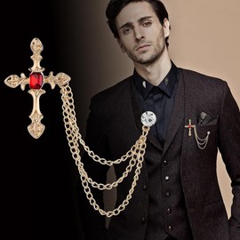 Cross Tassel Suit Chain Brooch Lapel Pin Badge Coat Collar Accessory Brooch Rhinestone Metal Hanging Chains Collar Brooches Prom Accessories for Men (Gold Red)
