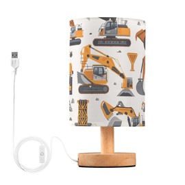 ALAZA Bedside Lamp Excavator Engineering Vehicle Lamp for Girls Boys Bedroom with USB Port LED Kids Nightstand Lamp Wood Base Desk Living Room Decor