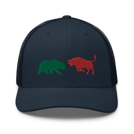 Stock Forex Crypto Day Market Trader Bull Bear Embroidered Trucker Hat Cap Navy