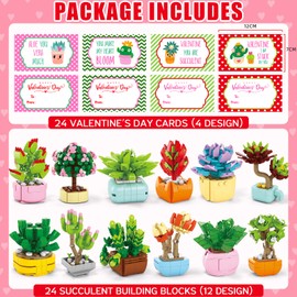 Asoulin Valentines Day Gifts for Kids, 24 Packs Succulents Building Blocks with Valentines Day Cards for Kids School Boys Girls, Artificial Botanical Toy Exchange Gifts Classroom Prizes Party Favors