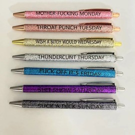 Marsrut 7PCS Funny Pens,Swear Word Daily Pen Set,Dirty Cuss Word Pens for Each Day of the Week,Weekday Vibes Glitter Pen Set,Glitter Gel Pen Set,Days of the Week Pens,Funny Office Gifts