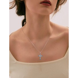 Vesitim Cross Necklace for Women 925 Sterling Silver Jesus Christian Pendant Created Aquamarine Religious Jewelry