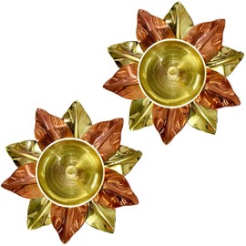 Craftsman Brass Copper Lotus Flower Petals Kamal Shape Metal Akand Diya for Traditional Indian Festive Diwali Deepawali Puja Pooja Dia Home Temple Decoration Oil Lamp Gift Items (Pack of 2)