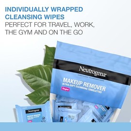 Neutrogena Toallita de limpieza facial individual, toallitas faciales diarias para eliminar la suciedad, aceite, maquillaje y máscara impermeable, sua