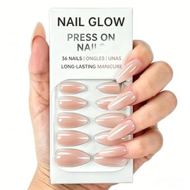 Uñas postizas de presión, color nude degradado, forma almendrada mediana, kit de 36 piezas en 12 tamaños con pegamento para uñas, pestañas adhesivas, 