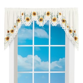 Collections Etc Exquisite Embroidered Sunflower Rod Pocket Curtains with Scalloped Edges