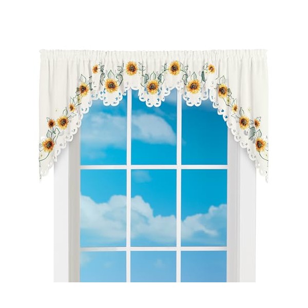 Collections Etc Exquisite Embroidered Sunflower Rod Pocket Curtains with Scalloped