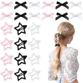 24 Pcs Star Hair Clips, Satin Bow Hair Clips Metal Non-Slip Snap Y2k Barrettes Mini Bowknot Hair Clip Star Hair Accessories for Women Girls((Black, White, Pink)