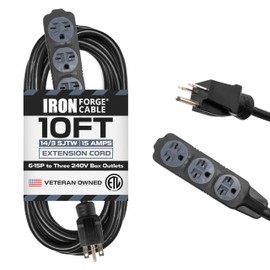 Iron Forge Cable 220/240 Volt Extension Cord, 10 Ft - 14/3 SJTW 6-15P Male Plug to Three Box Outlets