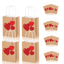 Qpout 12 Pack Heart Bags, Valentines Day Gift Bags With Red Heart Tags, Valentines Goodie Bags With Handles, Valentines Day Paper Treat Bags, Wedding Baby Shower Valentine Party Favor Bags