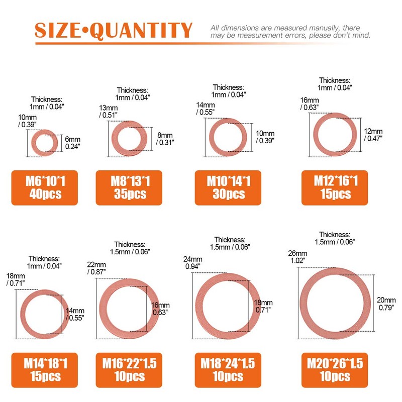 Rustark 165 Pcs Copper Washer Assortment 8 Size M6 M8 M10