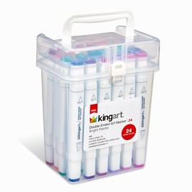 KINGART 424-24A PRO Double-Ended Alcohol Ink Art Markers, 24 BRIGH TColors, Fine Point & Chisel Tips, Permanent with Superior Blendability, Includes Plastic Case, 24 Pc.