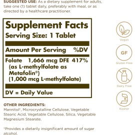 Solgar Folate 1000mcg 60 Tabs Metafolin Bioactive Methylated Support