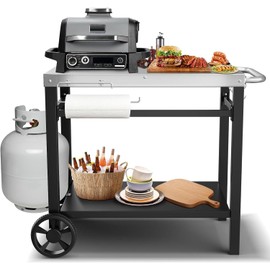 34x21IN Outdoor Grill Table, Grill Stand Cart for Ninja Woodfire & Blackstone Griddle, Pizza Oven Table for Outside, Extra-Wide Stainless Steel Cart with Wheels for Kitchen Food Prep Table