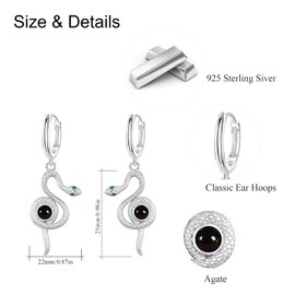 Snake Earrings, 925 Sterling Silver Vintage Malachite / Moonstone / Black Onyx / Onyx / Turquoise Snake Huggie Hoop Earrings Jewellery for Women, Sterling Silver