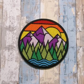 Blue Heron Retro Mountain Patch Embroidered Iron-on Applique Nature Badge, Camping, Hiking - 3.5 Inches, Velcro® Backing