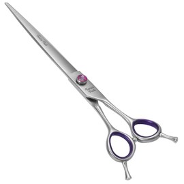 Fenice Peak 7'' Straight Dog Grooming Scissors with Purple Finger Rings and Flashing Screw Professional 440C Stainless Steel Natural Color Pet Trimming Shears with Offset Handle Durable and Sharp