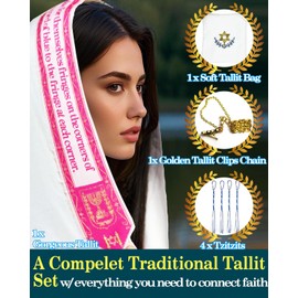 Zivosely Tallit Prayer Shawl Set for Men and Women, 72” x 22” Royal Pink Tallit with Golden Clip Chain, Tzitzits and Storage Bag, Complete Set Jewish Gift Idea for Any Occasions