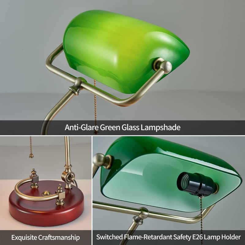 Bankers Lamp, Traditional Green Desk Lamp with Solid Birch Wood
