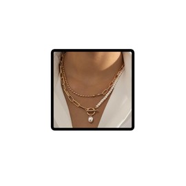 Wedity Retro Layered Pearl Necklace Paper Clip Chain Choker Necklaces OT Buckle Necklace Jewellery for Women and Girls, Metal, Faux pearl