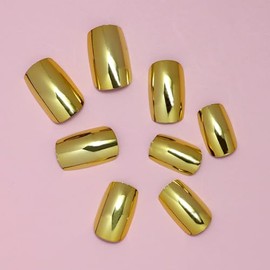 ONPRESS 24 Uñas Postizas Doradas de Presión, Tamaño Mediano, Cortas, Cuadradas, Acrílicas, Efecto Espejo, Color Sólido, Acabado Brillante, con Baño Cr