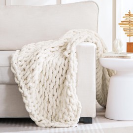 HBlife Chunky Knit Throw Blanket 50X60 Inches, Super Warm Soft Chenille Yarn Cable Knitted Blankets and Throws Boho Giant Cozy Thick Crochet Blanket for Sofa Bed Couch, Cream
