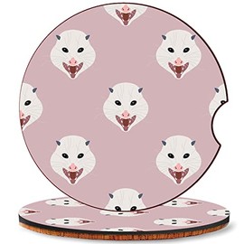 Set of 2, Car Coasters, Geometrical Cute Opossum Pattern, Absorbent Cork Base Round Car Drinks Cup Holder Coaster