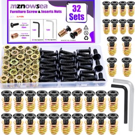 32 Sets Furniture Screw Nut 1/4-20 x 3/4" Threaded Inserts for Wood 1/4-20 x 19/32" Nut Threaded Wood Inserts Bolt Fastener Connector with Hex Spanner