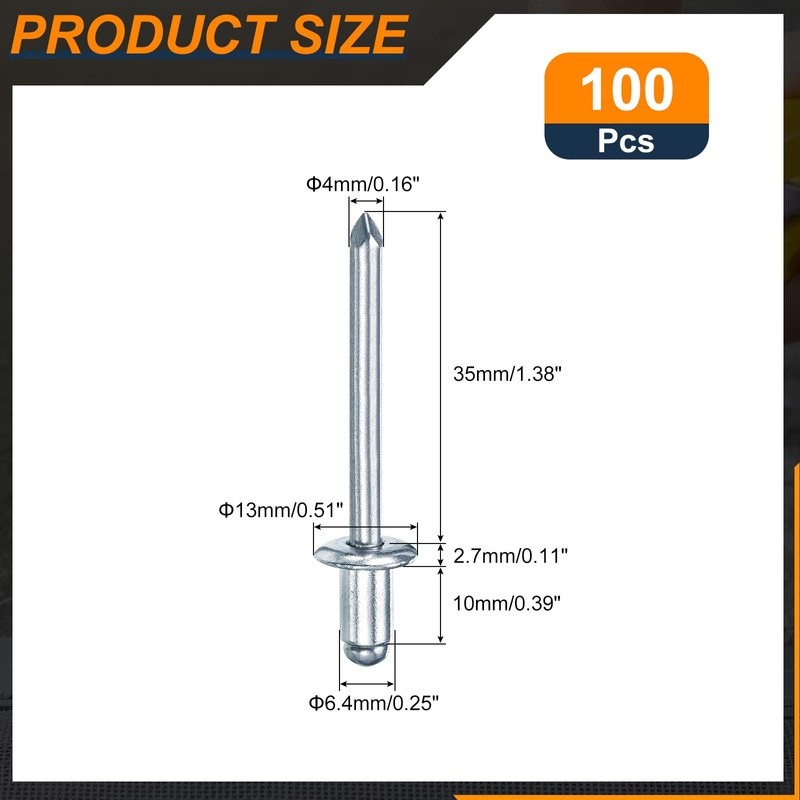 sourcing map 100Pcs 1/4"x3/8" Round Head Blind Rivets, Zinc-Plated Carbon