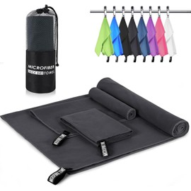 Toallas de Microfibra 3 Pack –Súper Absorbentes, Secado Rápido, Ligeras y Portátiles para Viaje, Playa, Natación, Yoga, Gimnasio, Camping – Incluye Bolsa (Gris oscuro, 3 Pack-152x76 + 80x40 + 40x40)