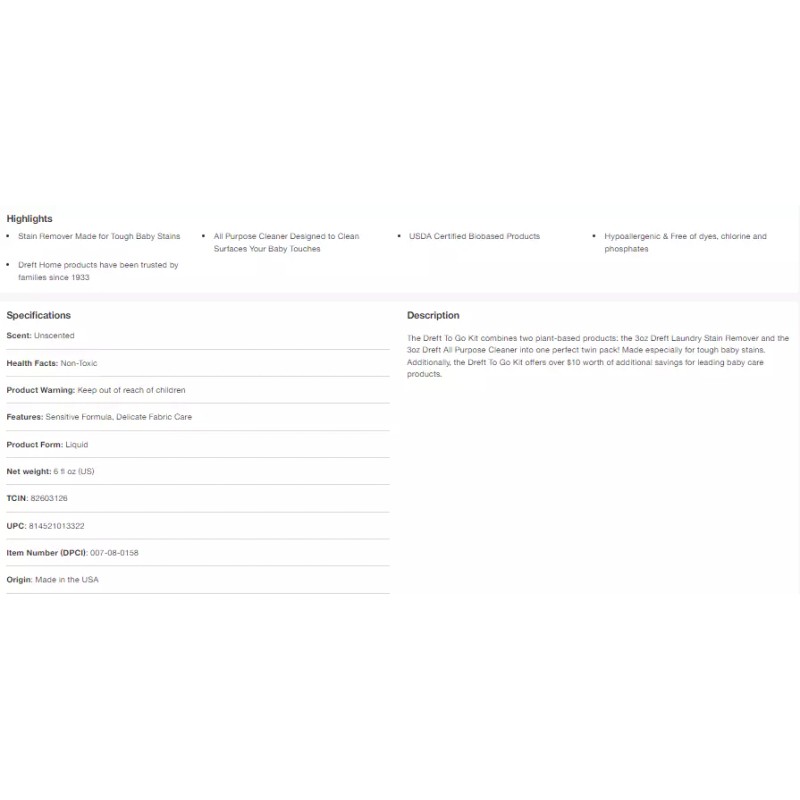 Dreft Unscented Stain Remover & Multipurpose Cleaner To Go Kit