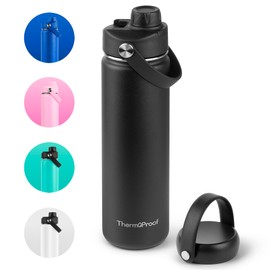 ThermoProof Double-Walled Vacuum Insulated Stainless Steel Water Bottle - Wide Mouth with Chug & Spout Lids, Dishwasher Safe, Reusable, Leakproof, Hot & Cold for Men, Women & Kids - 22oz, Black