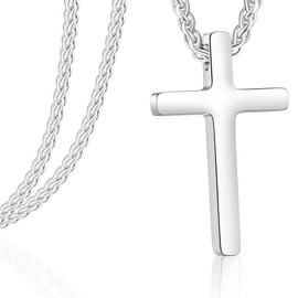 Estendly Silver Cross Necklace for Men, Gold Stainless Steel Mens Cross Chain, Cubic Zirconia Cross Pendant Necklaces Christain Jewelry Gift Wheat Chain 18 Inch