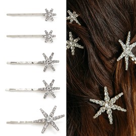 5 PCS Stars Hair Bobby Pins for Women Silver Snowflake Hair Clip Crystal Rhinestones Hair Accessories for Holiday Wedding Birthday Bridal Prom Hairpin