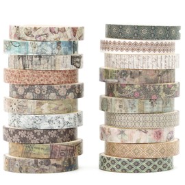 Songdao 20 Rolls Skinny Vintage Washi Tape Set Retro Arts Adhesive Tapes Basic Patterns Decorative Masking Tape Sets for Craft, Kids, Scrapbook, DIY, Gift Wrapping (Ephemeral Blossoms)