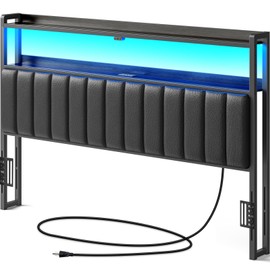 Rolanstar Headboard for King Size Bed with Storage, 60,000 DIY Color of LED Light, Head Board with USB & Type C Port, Height Adjustable, Black Upholstered Cabeceras de Cama Comfortable Modern, Leather