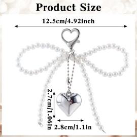 Mabor Y2k Aesthetic Keyring, Key Ring with Pearl Bow Silver Bag Charms Pearl Bow Keychain Aesthetic Pendant Bag Kawaii Key Ring Beads Cute Keychain, White