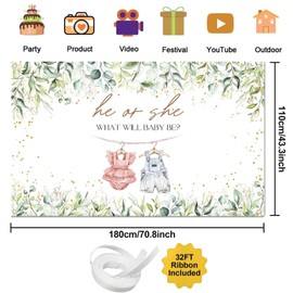 Joliaco Baby Clothes Gender Reveal Banner He or She What Will Baby Be Photography Backdrop Boho Clothes Eucalyptus Leaves Gender Reveal Party Decorations (6x3.6ft)