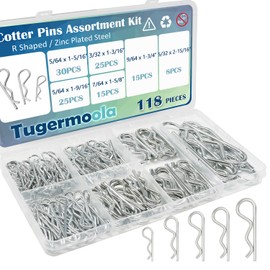 Tugermoola 118PCS 6 Sizes Cotter Pin Assortment Kit Zinc Plated Steel R Shaped Small Hardware Hitch Pins Clip Cotter Pins Set OLA010-118