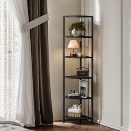 IRCPEN 6 Tier Corner Shelf 63.1" Tall Ladder Corner Storage Shelf Rack Industrial Standing Organizer Display Rack with Rustic Bookshelf Bookcase Plant Stand for Living Room Bedroom Black CS-001BW